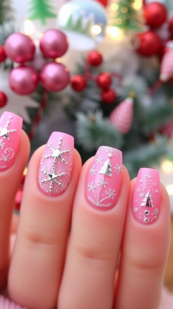 Short pink Christmas nails with snowflake and tree designs, decorated with glitter.